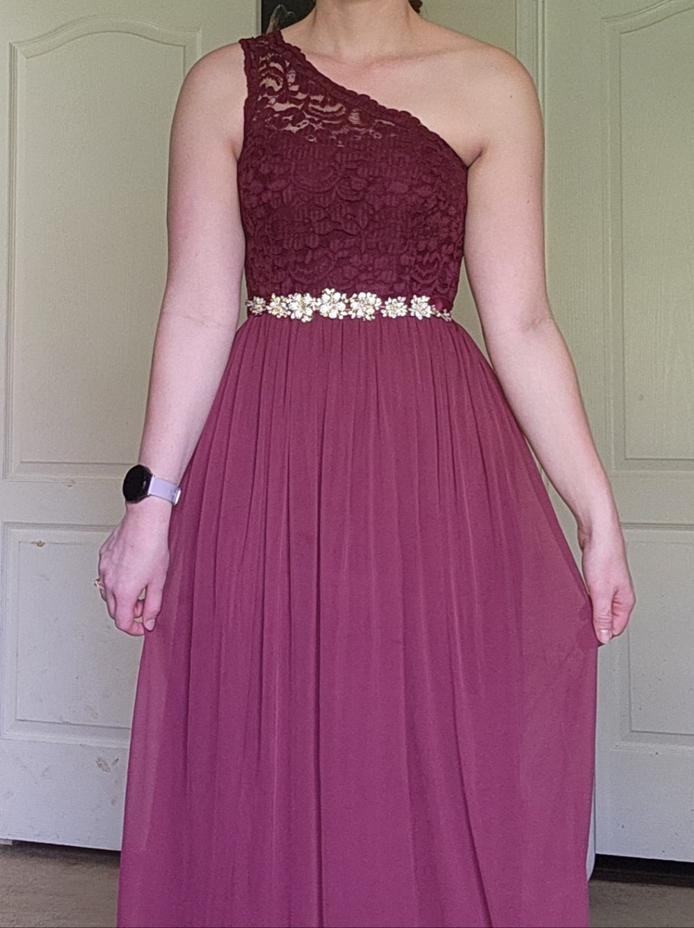One-Shoulder Lace Bodice Maxi Dress in Burgundy